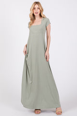 Light Olive Ribbed Square Neck Short Sleeve Maxi Dress