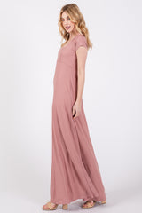 Mauve Ribbed Square Neck Short Sleeve Maxi Dress