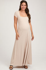 Beige Ribbed Square Neck Short Sleeve Maternity Maxi Dress