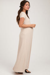 Beige Ribbed Square Neck Short Sleeve Maternity Maxi Dress