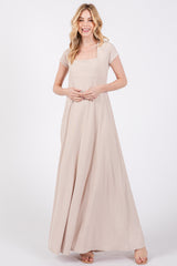 Beige Ribbed Square Neck Short Sleeve Maternity Maxi Dress