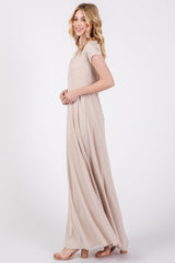 Beige Ribbed Square Neck Short Sleeve Maxi Dress