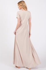 Beige Ribbed Square Neck Short Sleeve Maxi Dress