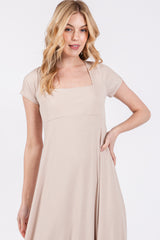 Beige Ribbed Square Neck Short Sleeve Maxi Dress