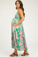 Pink Leaf Print Satin Square Neck Maternity Midi Dress