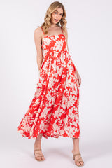 Red Leaf Print Satin Square Neck Midi Dress