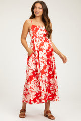 Red Leaf Print Satin Square Neck Maternity Midi Dress