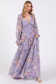 Lavender Floral Chiffon Deep V Ruffle Tiered Maxi Dress