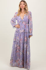 Lavender Floral Chiffon Deep V Ruffle Tiered Maxi Dress