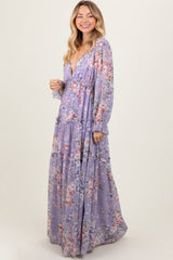 Lavender Floral Chiffon Deep V Ruffle Tiered Maxi Dress