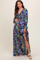 Purple Print Ruffle Long Sleeve Maternity Maxi Dress