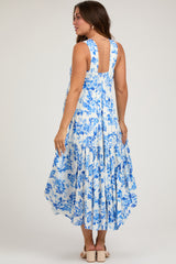 Blue Floral Sleeveless Tiered Maternity Maxi Dress