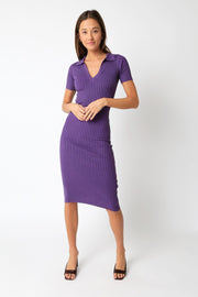 Purple Ribbed Collared V-Neck Midi Dress