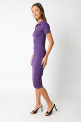 Purple Ribbed Collared V-Neck Midi Dress