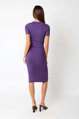 Purple Ribbed Collared V-Neck Midi Dress