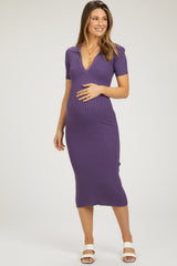 Purple Ribbed Collared V-Neck Maternity Midi Dress