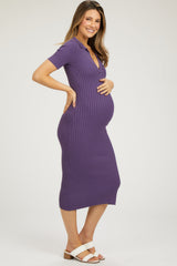 Purple Ribbed Collared V-Neck Maternity Midi Dress