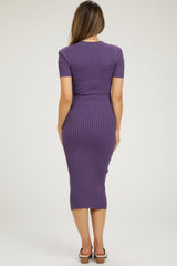 Purple Ribbed Collared V-Neck Maternity Midi Dress