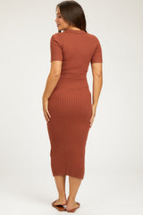 Rust Ribbed Collared V-Neck Maternity Midi Dress