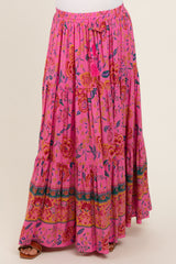 Pink Floral Tiered Maternity Maxi Skirt