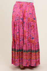 Pink Floral Tiered Maternity Maxi Skirt