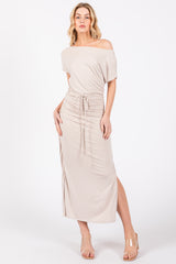 Beige Boat Neck Side Ruched Waist Tie Midi Dress