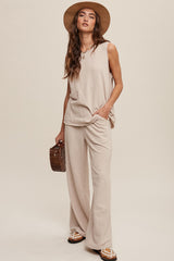 Beige Slub Knit Maternity Pants Set