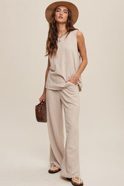 Beige Slub Knit Pants Set