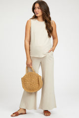 Beige Slub Knit Maternity Pants Set