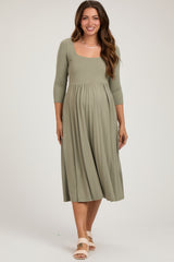 Light Olive Square Neck 3/4 Sleeve Maternity Midi Dress