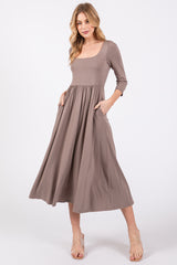 Mocha Square Neck 3/4 Sleeve Maternity Midi Dress