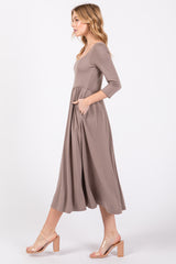 Mocha Square Neck 3/4 Sleeve Midi Dress