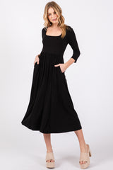 Black Square Neck 3/4 Sleeve Midi Dress