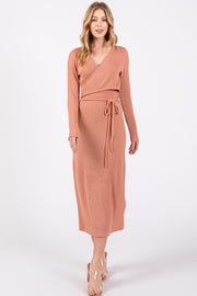 Rust Ribbed Long Sleeve Wrap Nursing Dress