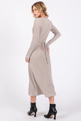 Beige Ribbed Long Sleeve Wrap Nursing Dress