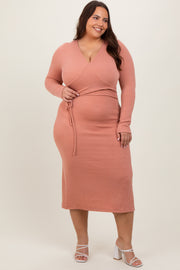 Rust Ribbed Long Sleeve Plus Wrap Nursing Dress