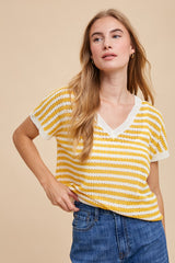 Mustard Striped Knit V-Neck Short Sleeve Maternity Top