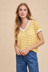 Mustard Striped Knit V-Neck Short Sleeve Top