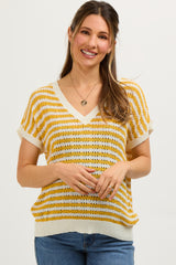 Mustard Striped Knit V-Neck Short Sleeve Maternity Top