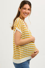 Mustard Striped Knit V-Neck Short Sleeve Maternity Top