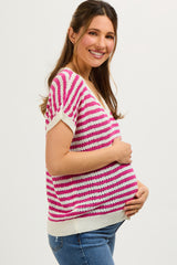 Fuchsia Striped Knit V-Neck Short Sleeve Maternity Top