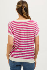 Fuchsia Striped Knit V-Neck Short Sleeve Maternity Top