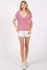 Fuchsia Striped Knit V-Neck Short Sleeve Top