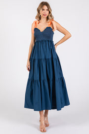 Navy Blue V-Neck Smocked Satin Tie Midi Dress