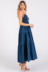 Navy Blue V-Neck Smocked Satin Tie Midi Dress