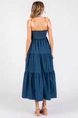 Navy Blue V-Neck Smocked Satin Tie Midi Dress