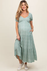 Mint Green Animal Print Tiered Maternity Midi Dress