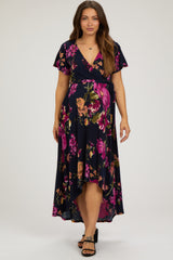 Navy Blue Floral Print Wrap Front V-Neck Hi-Low Maternity Midi Dress