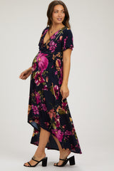 Navy Blue Floral Print Wrap Front V-Neck Hi-Low Maternity Midi Dress