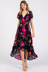 Navy Blue Floral Print Wrap Front V-Neck Hi-Low Midi Dress